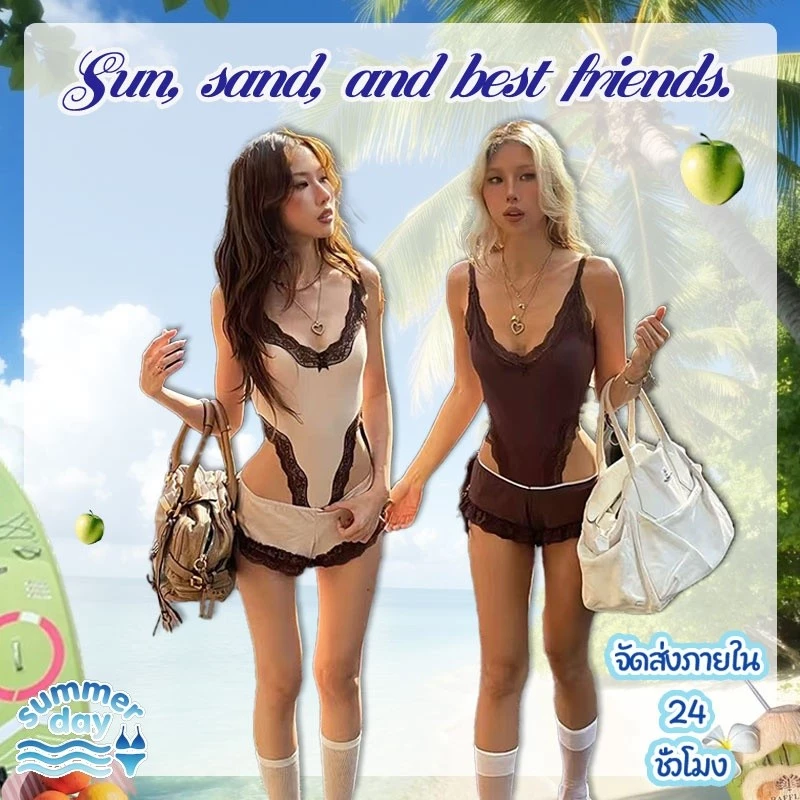 Summer Day🌸🌸Sexy ชุดว่ายน้ำ ชุดสองชิ้น บอดี้สูท+กางเกงขาสั้น ดีไซน์แบบไม่มีหลัง คอวี โบว์ประดับ ขอบลูกไม้ ส่งไวจากไทย