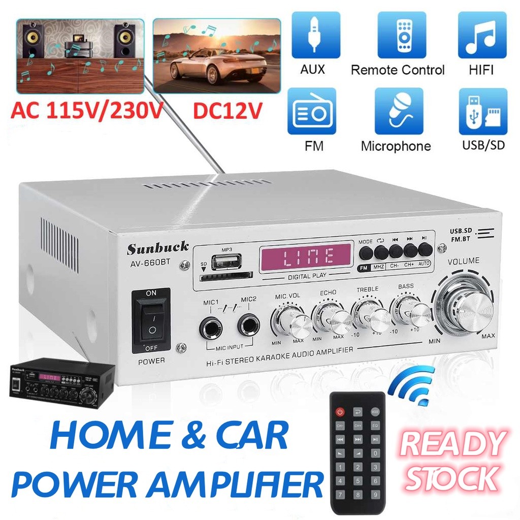 เครื่องขยายเสียง AV สำหรับรถยนต์ แอมป์บลูทูธ DC 12V AC 220V 2CH รองรับ EQ FM SD USB ไมโครโฟน 2 ตัว ส