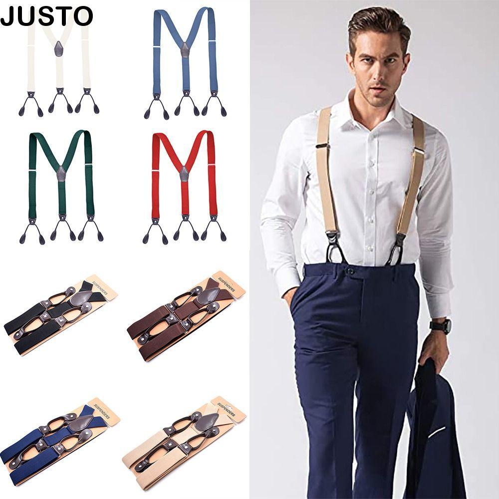 JUSTO Braces Suspenders หนัง vintage ปรับคลิปสายรัดสำหรับผู้ใหญ่