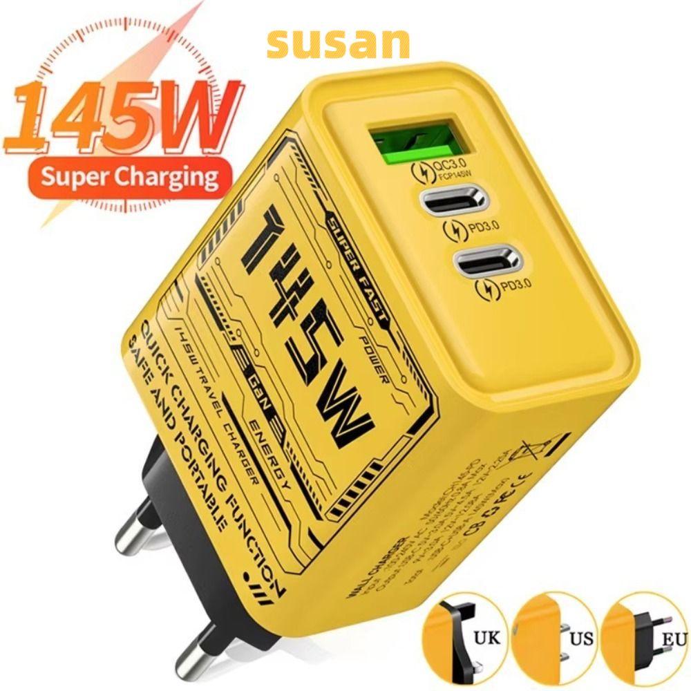 SUSAN อะแดปเตอร์ชาร์จโทรศัพท์, 3 พอร์ต USB A+C 145W GaN ปลั๊กชาร์จ EU/US/UK Fast Charging PD QC3.0 U