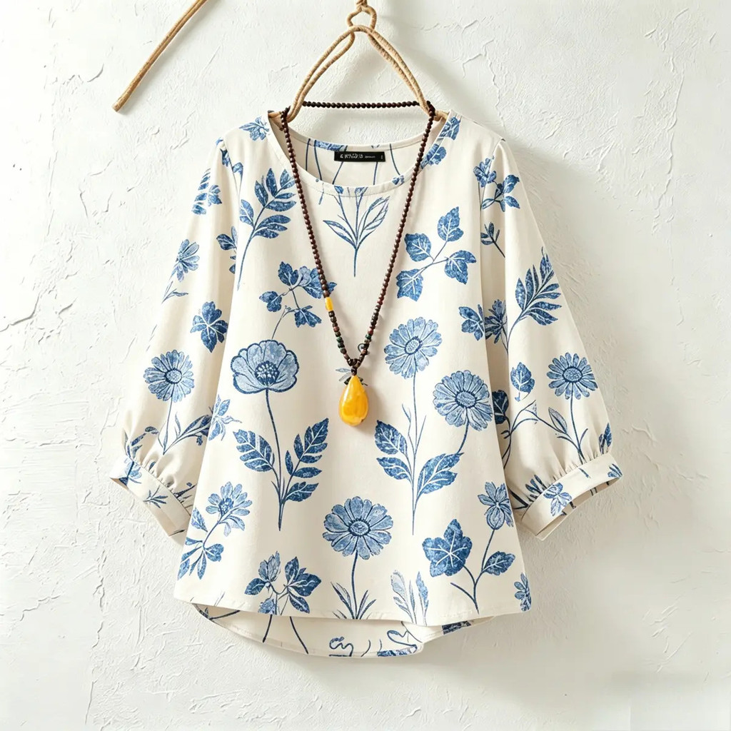 ผู้หญิงแฟชั่นเกาหลีสบายๆทุกวันรอบคอ3/4แขนหลวมดอกไม้เสื้อ