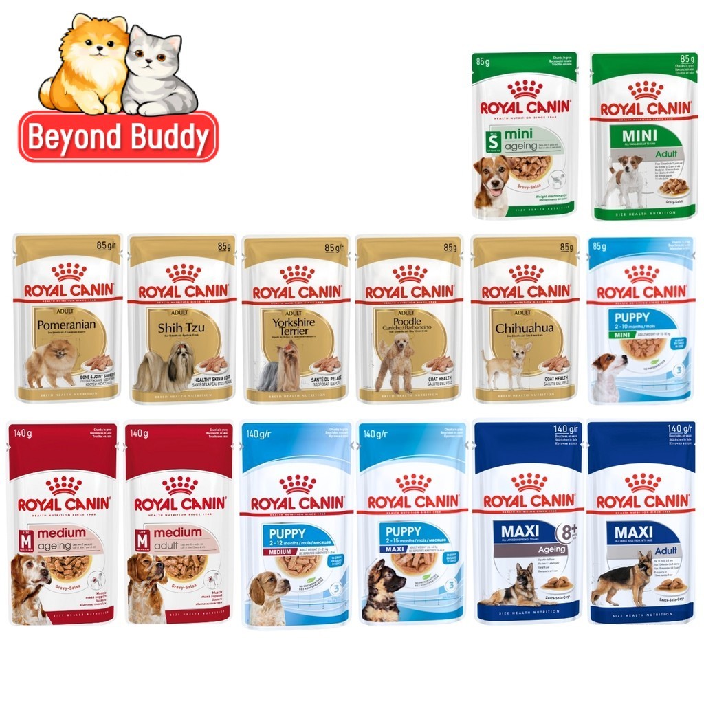 Royal Canin อาหารเปียกสุนัข สำหรับลูกสุนัข สุนัขโต สุนัขสูงวัย เนื้อบด แบบซอง ขนาด 85-140 กรัม