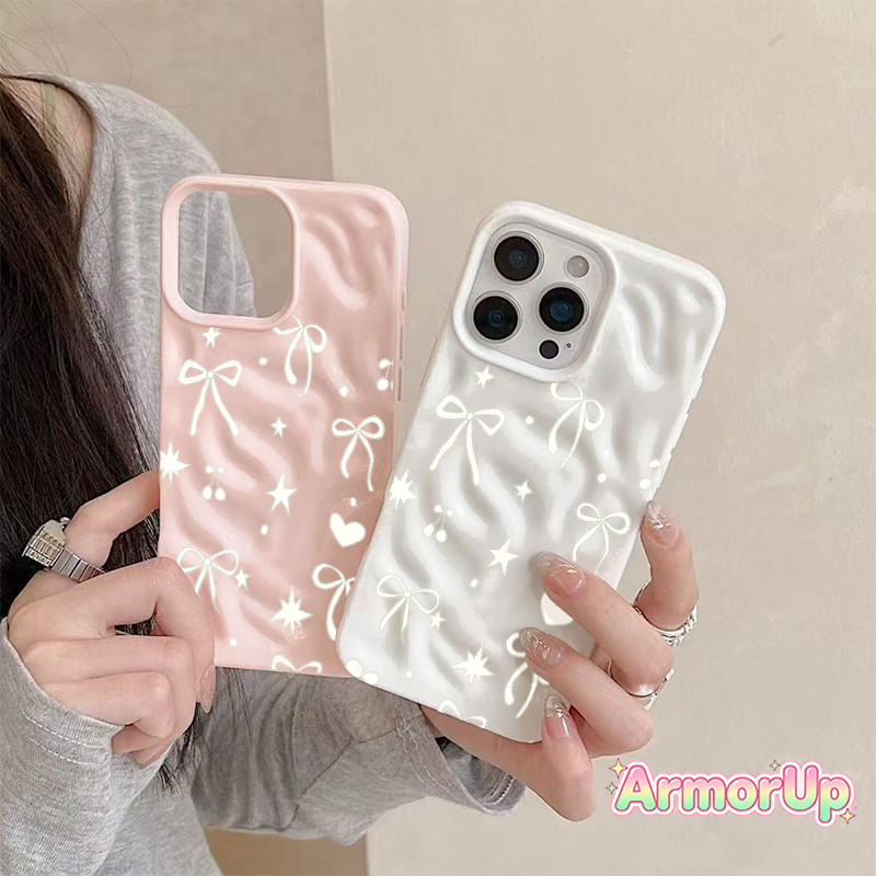 เคสไอโฟน โบว์สีขาว รอยพับหยัก สำหรับไอโฟน 11 12 13 14 15 16 ProMax X XR XS Max 7 8Plus-AP