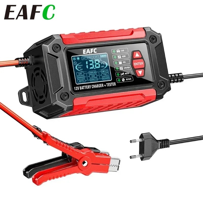 EAFC 2 in 1 Car Battery Charger & Tester, 12V 6A 1.9 "จอแสดงผล LCD รถจักรยานยนต์รถบรรทุก AGM LiFepin