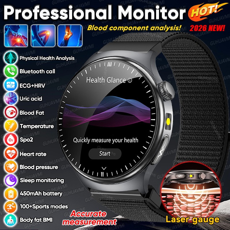 2026 ใหม่ Micro การตรวจทางกายภาพสุขภาพ SmartWatch ผู้ชาย ECG Uric Acid Lipids ความดันโลหิต BT Call S