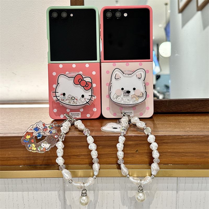 Wave Point Hello Kitty Magnetic Bracket สร้อยข้อมือเคสโทรศัพท์สําหรับ Samsung Galaxy Z Flip 7 6 5 4 