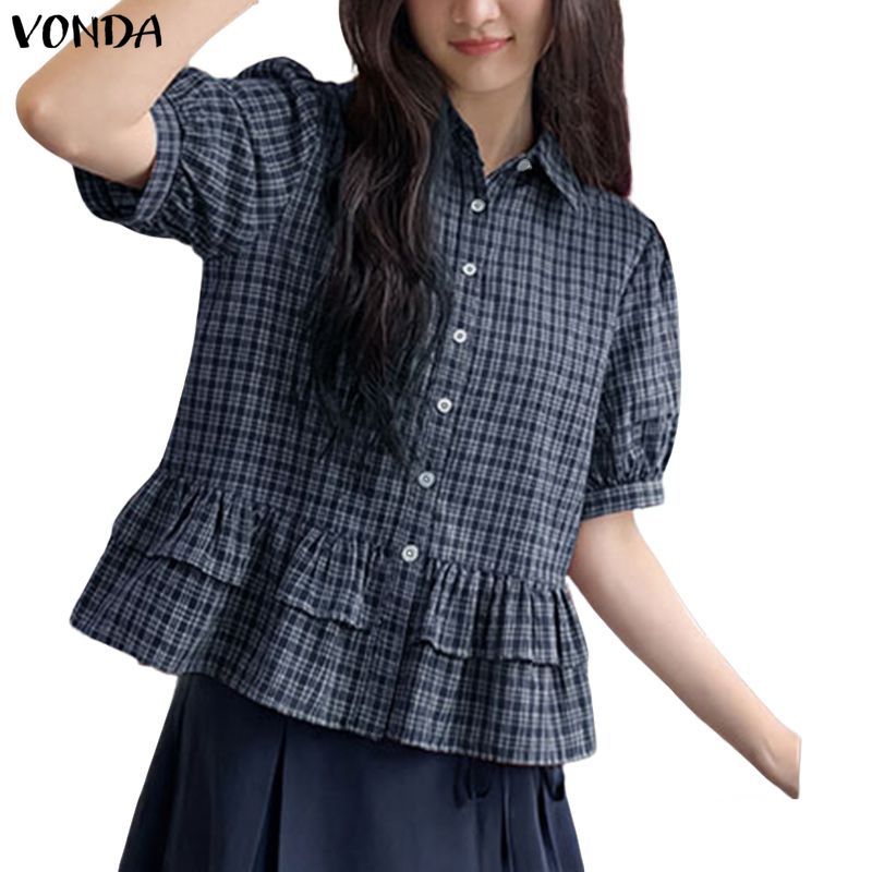 VONDA ผู้หญิงเกาหลีแฟชั่นเกาหลี Girlish ลายสก๊อตเสื้อเสื้อคอปกพัฟแขน Ruffle Hem Preppy หลวมสายแขนสั้นด้านบน