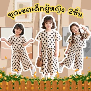 Dolemi Baby  เสื้อ+กางเกง ขายาว ชุดเซตเด็กหญิง ลายจุด ครีม ดำ เอวยางยืด คอกลม มีกระดุม ผ้าโพลีเอสเตอร์