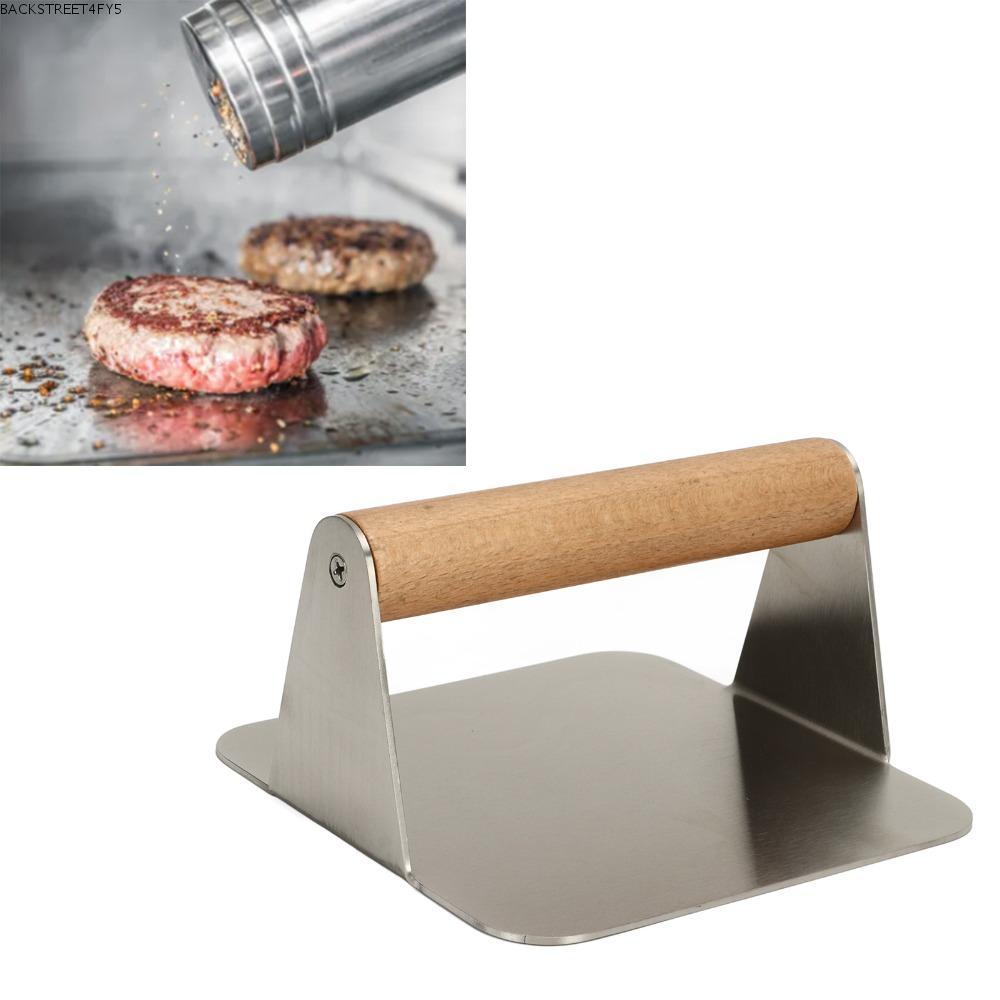 BACKSTAGEEET4FC3 Burger Press, Square Stainless Steel Burger Smasher, ทนทาน Ergonomic พร้อมด้ามไม้ C