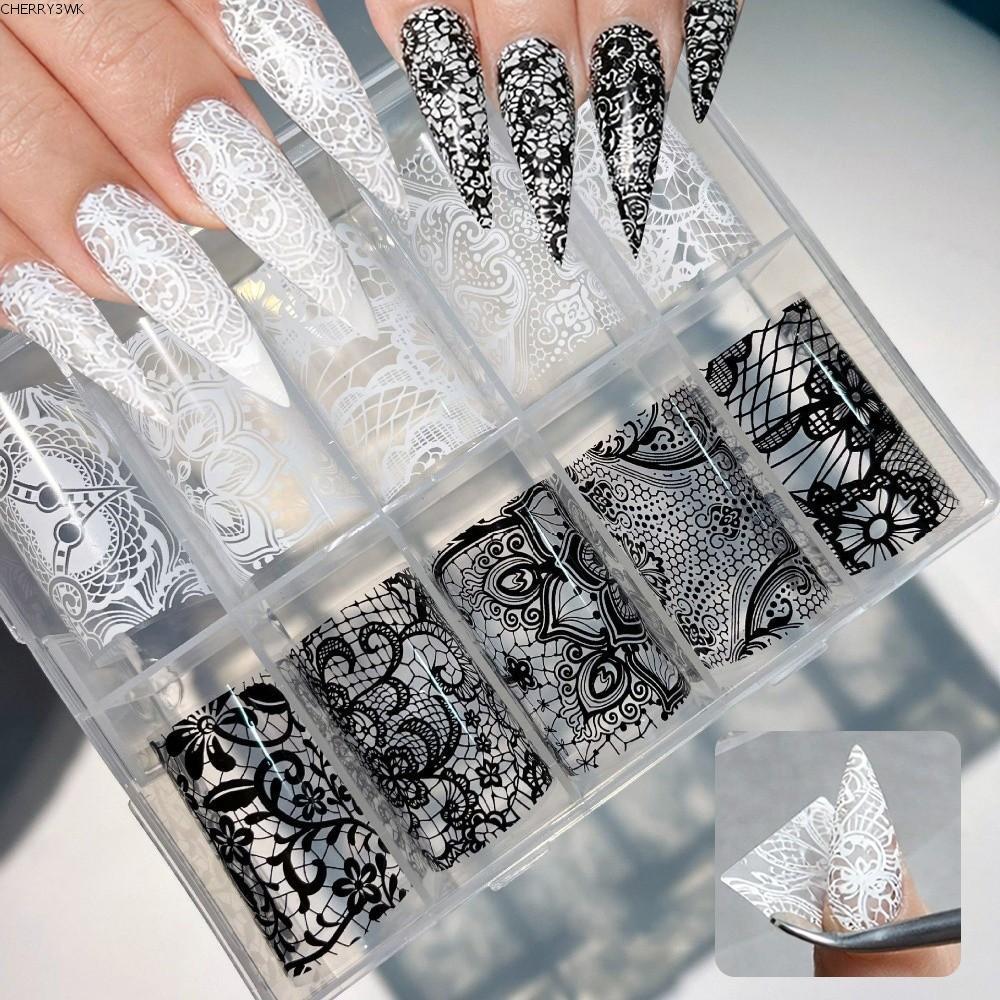19VJKEPSHOP สติกเกอร์เล็บแฟชั่นลายเสือดาว พิมพ์ลายลูกไม้ สีดํา-ขาว พร้อมเลื่อมตกแต่งเล็บ