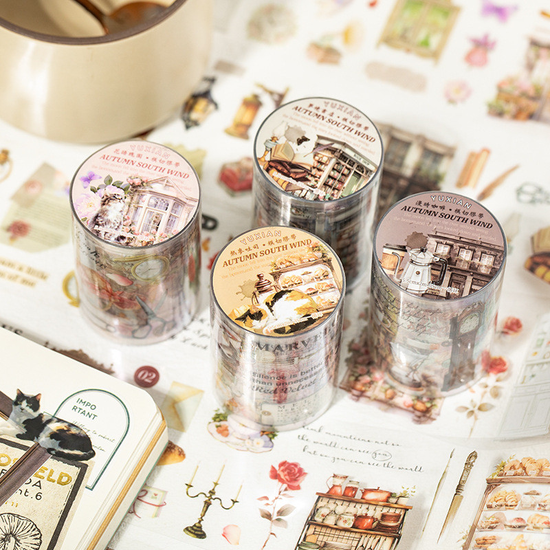 เทป ฤดูใบไม้ร่วงสไตล์ภาคใต้ Series Retro Life ภูมิทัศน์คู่มือ DIY วัสดุตกแต่งรอบสติกเกอร์ 4 รูปแบบ