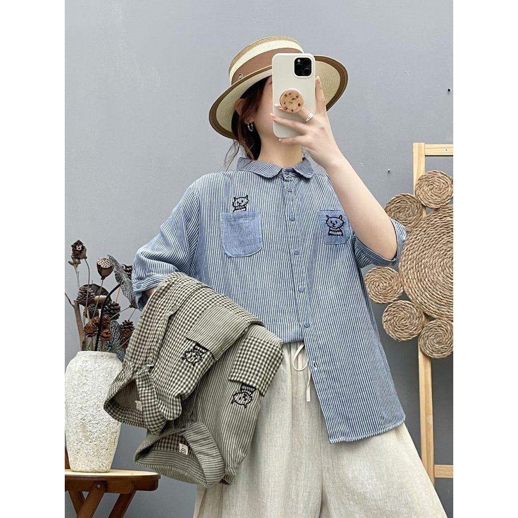 ผู้หญิง100%ผ้าฝ้ายเสื้อกระเป๋าปักลูกแมวลายสก๊อตหลวมคาร์ดิแกนเสื้อแขนสั้นด้านบน