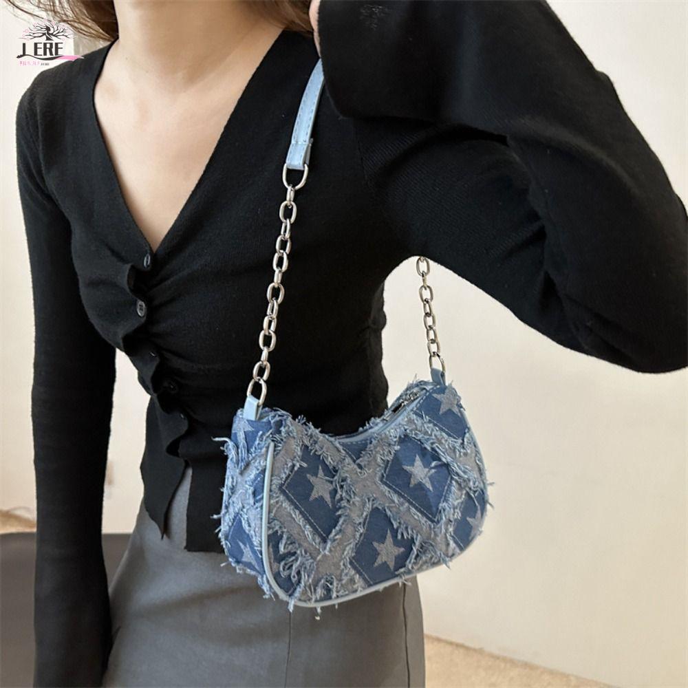 JEREMY1 กระเป๋าสะพายไหล่เดี่ยว, Star Y2k Denim Underarm Bag, Fashion New Design Korean Vintage Women