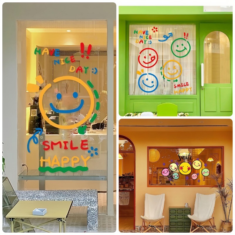 COD สติ๊กเกอร์สูญญากาศ PVC รูปแบบการ์ตูนหน้ายิ้ม ตกแต่งบ้าน ตกแต่งหน้าต่างร้านค้า สติกเกอร์ประตูกระจก