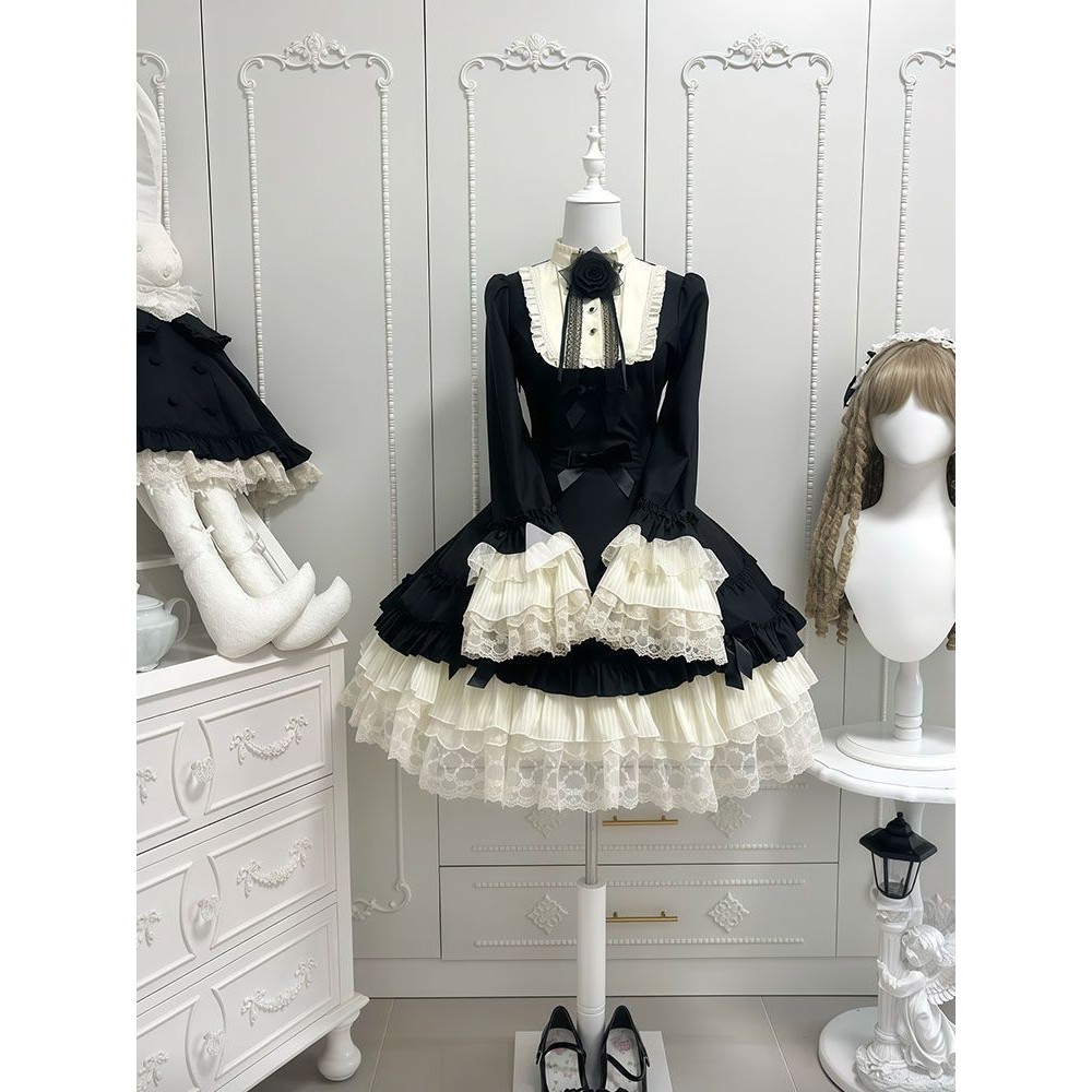 [Alice] Black Lolita Sweet Hepburn Style Princess Dress+Cloak Shawl สองชิ้นหญิง 251218