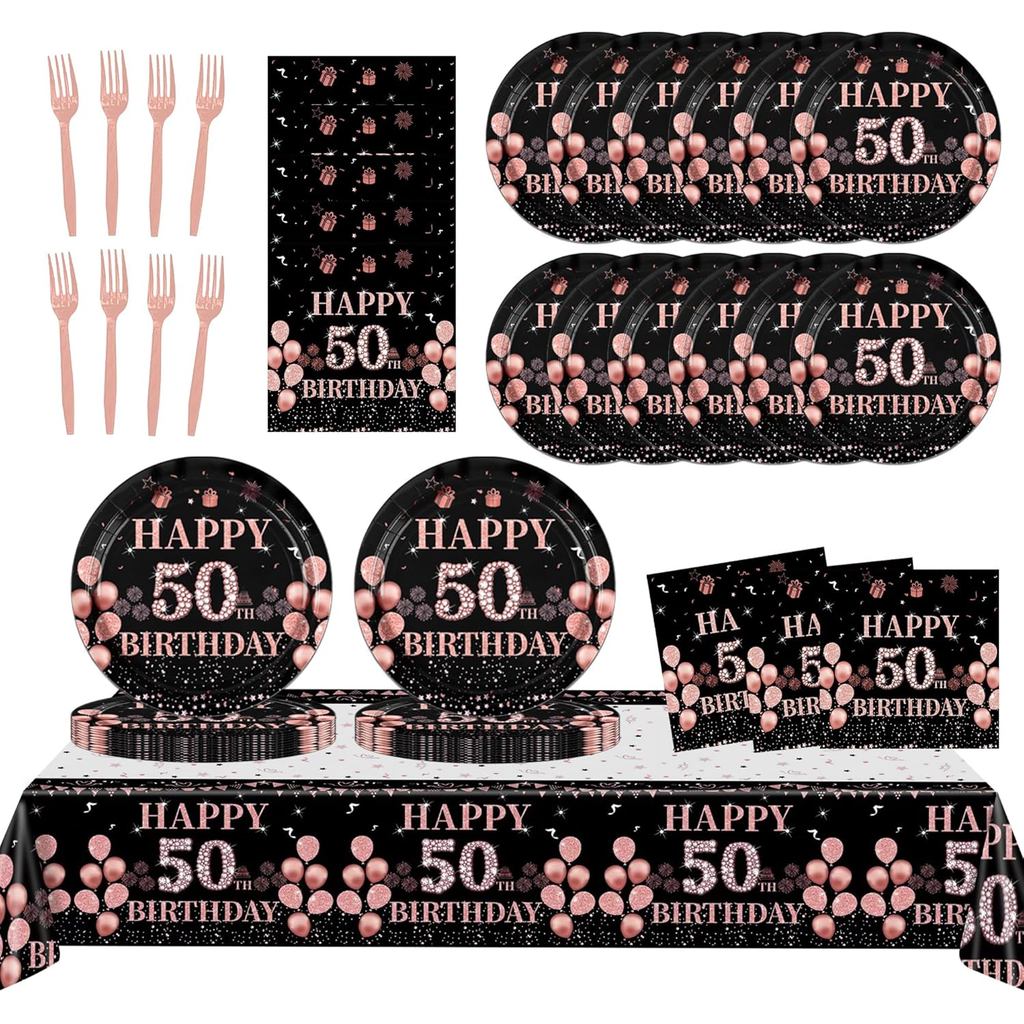 ตกแต่งวันเกิด 50th สําหรับผู้หญิง,61 ชิ้น Rose Gold 50th ตกแต่งวันเกิดบนโต๊ะอาหารรวม Happy 50th แผ่น
