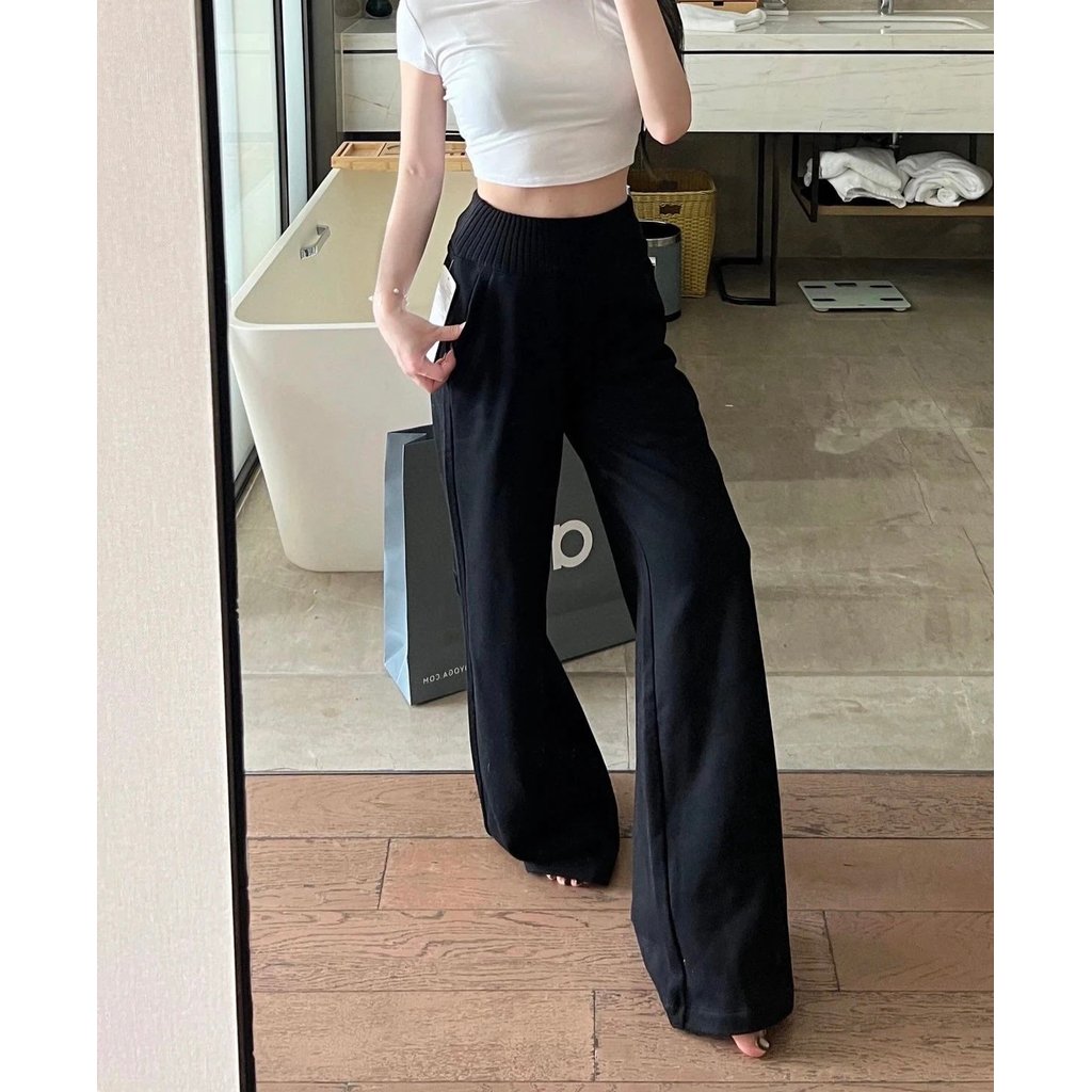 Jin Zhixiu Jisoo สไตล์เดียวกัน [ระดับทดสอบผ่าน] Alo เย็บขนแกะ-ขนแกะกางเกงขากว้างถักแคบ-เอวเล็กน้อยขน