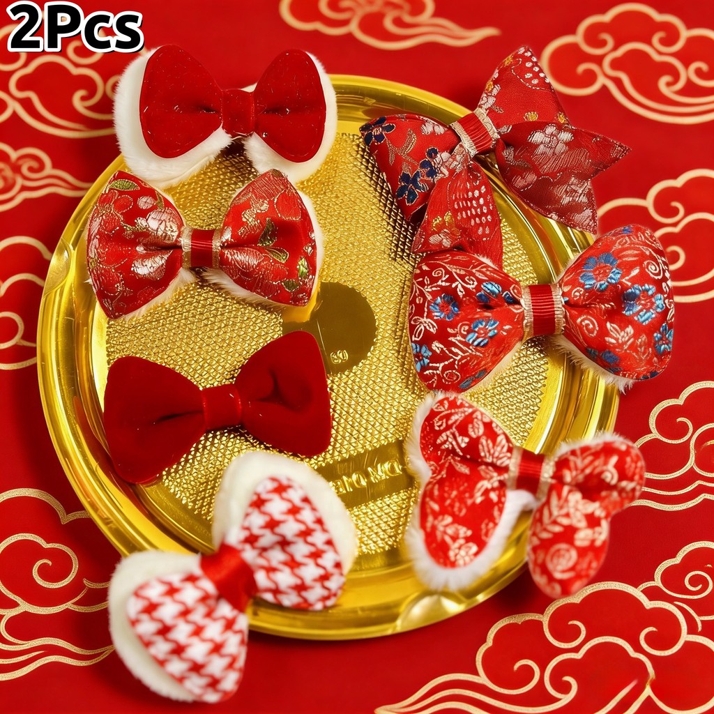 ชุดอุปกรณ์เสริมตกแต่ง 2 ชิ้น พิมพ์โบว์แดง สำหรับเคสโทรศัพท์ รองเท้า และหมวก พร้อมใช้งานในเทศกาลปีใหม่