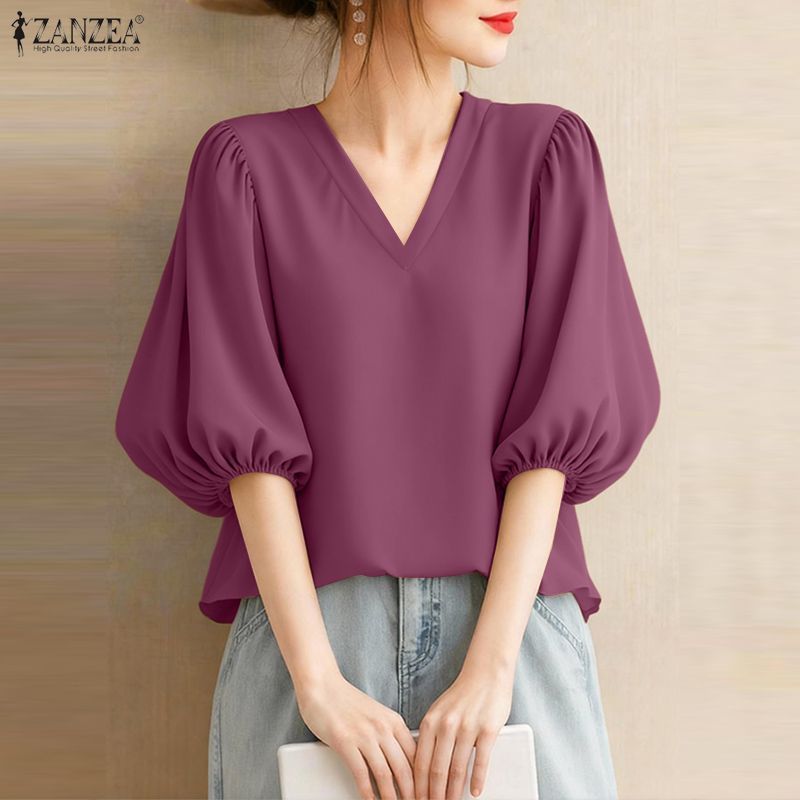 ZANZEA ซานเซีย ผู้หญิงเกาหลีทุกวันลําลองแฟชั่นคอวีแขนพัฟสีทึบจีบเสื้อเรียบง่าย — صورة 5
