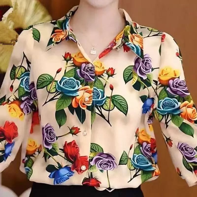 เสื้อลายดอกไม้สไตล์เรโตรสำหรับสตรี ทำจากผ้าเชิฟอง สไตล์สมัยนิยมและสวมใส่ง่าย