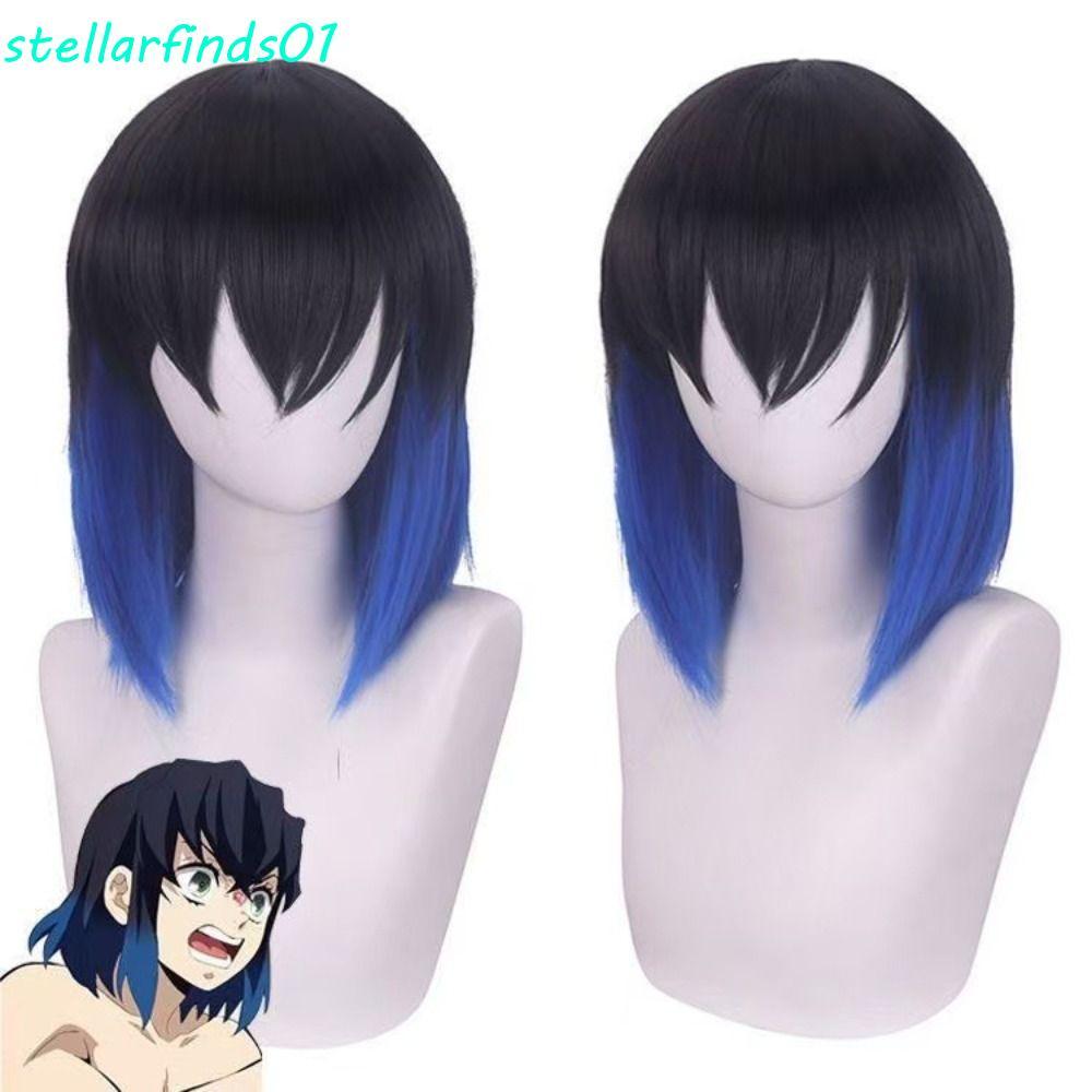 Stellarfends Hashibira Inosuke Cosplay Wig ผมสังเคราะห์ทนความร้อนสีฟ้าombre อุปกรณ์สำหรับCosplayและบ
