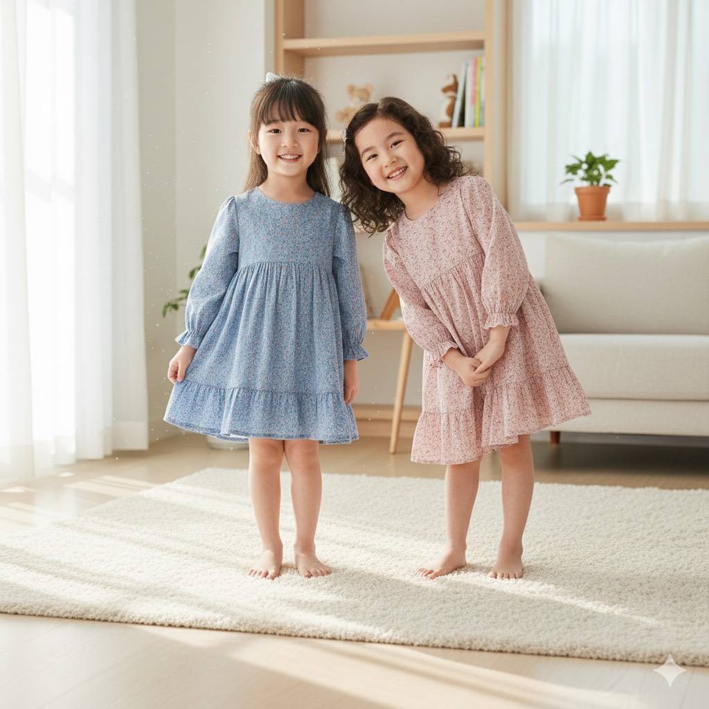 [Y D] พร้อมส่ง ชุดลูกสาวน่ารัก ชุดเดรสแขนยาวเด็กผู้หญิง ลายดอกไม้ #045 เดรสเด็ก