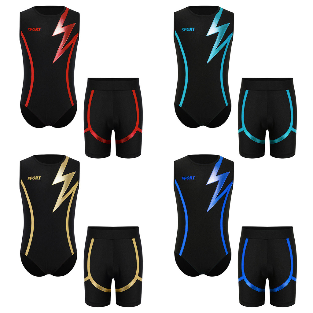 Yeahdor Kids Boys Metallic Contrast Color ยิมนาสติกชุดรอบคอแขนกุดกดปุ่ม Crotch Leotard พร้อมกางเกงขาสั้นเอวยางยืด