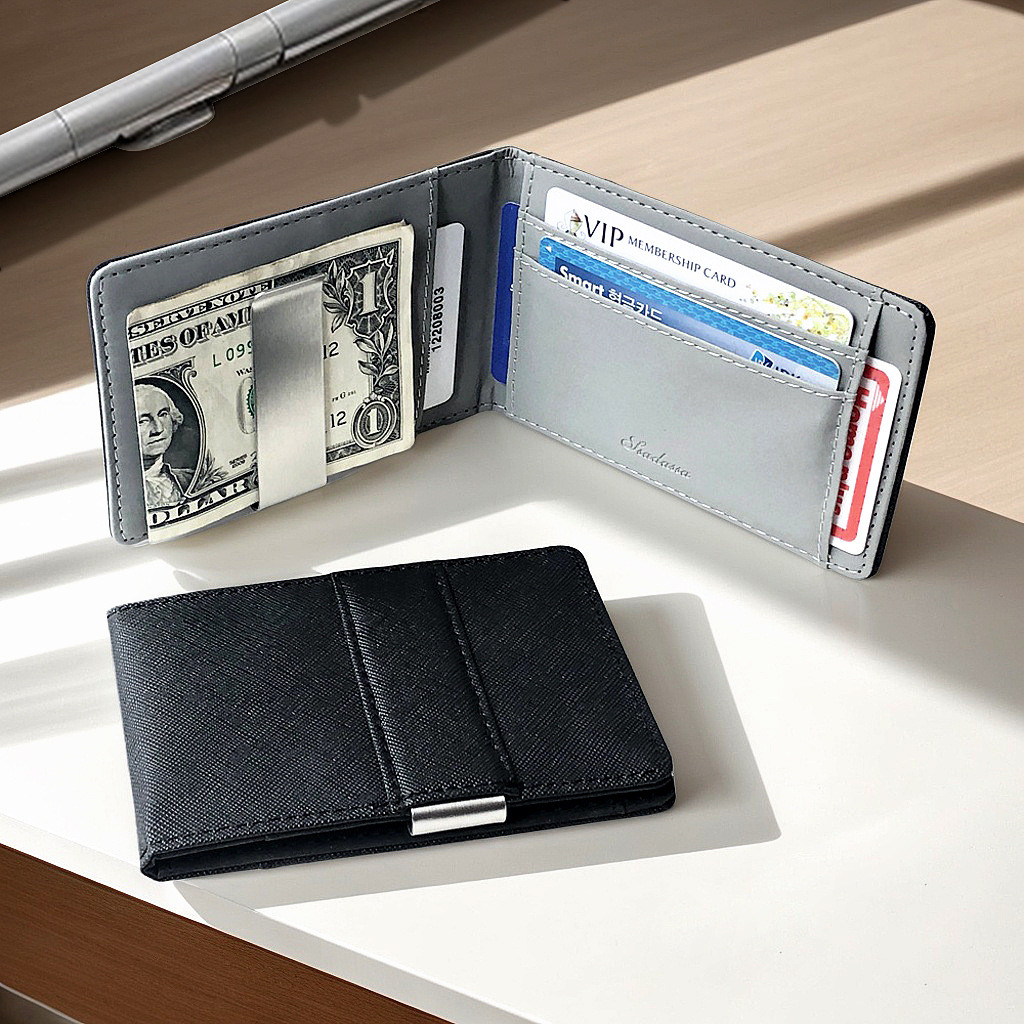 Cross Pattern Short Mens Wallet Stainless Steel Dollar Wallet Credit Card Holder PU Leather Ultra-Thin Card Holder