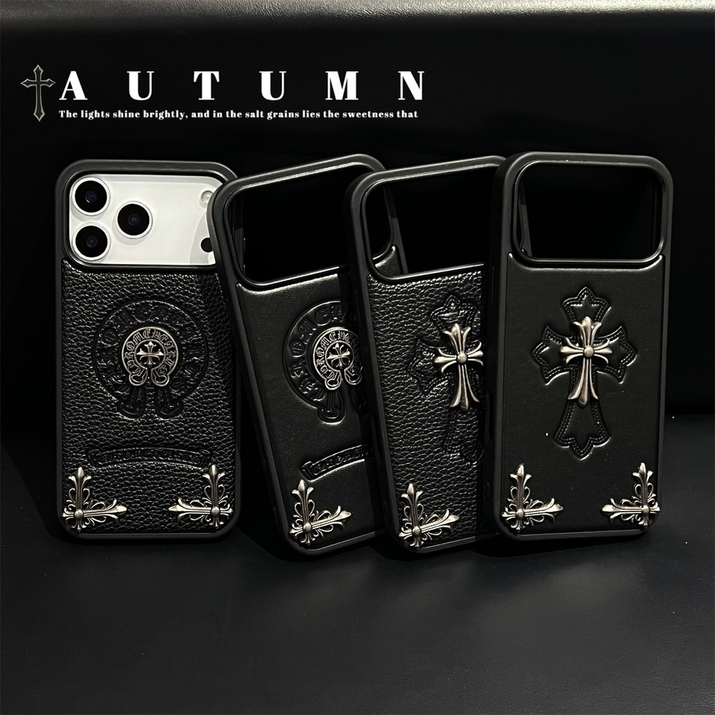 Fasion โลหะ DIY Chrome Cross ฝาครอบหนังปลอกสําหรับ IPhone 13 14 15 16 17 Pro Max เคสป้องกัน