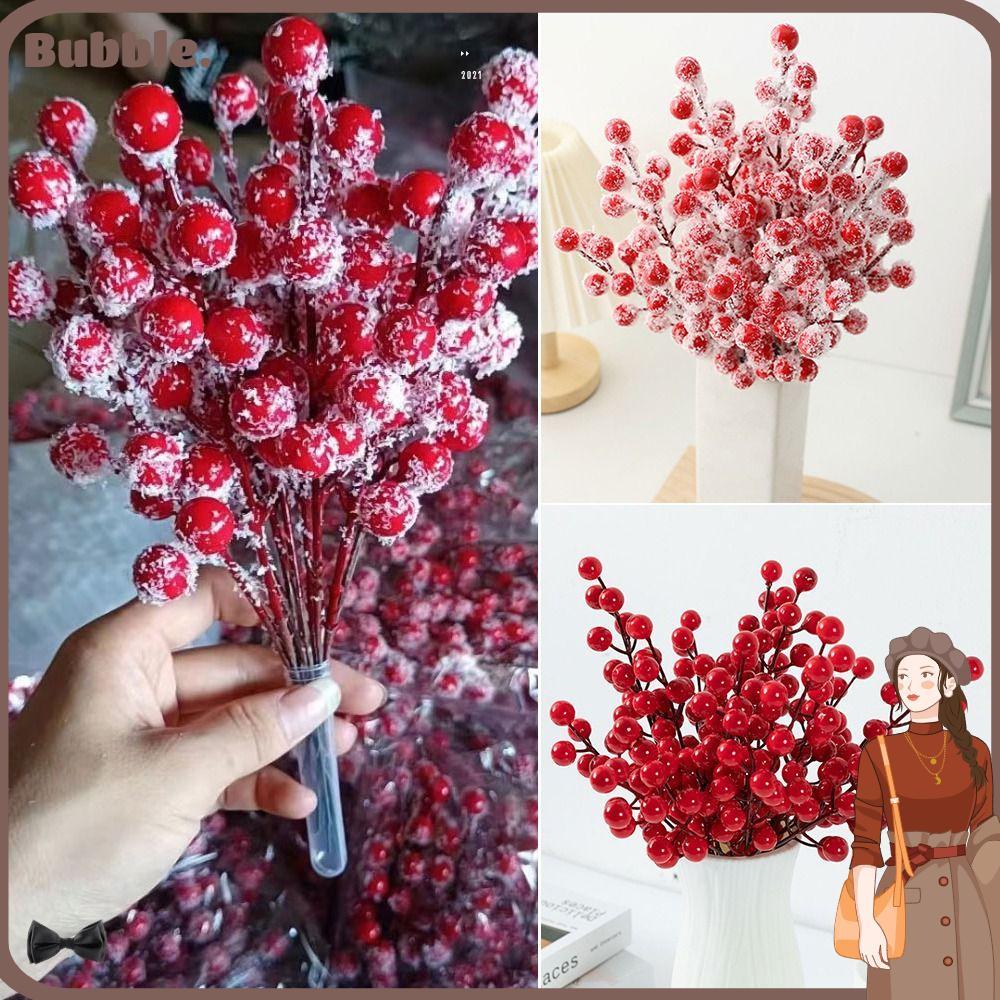 BUBBLE 10PCS Christmas Berry สาขา, Frost ตกแต่งบ้านสีแดง Berries สาขา, Creative แพคเกจดอกไม้ DIY อุป