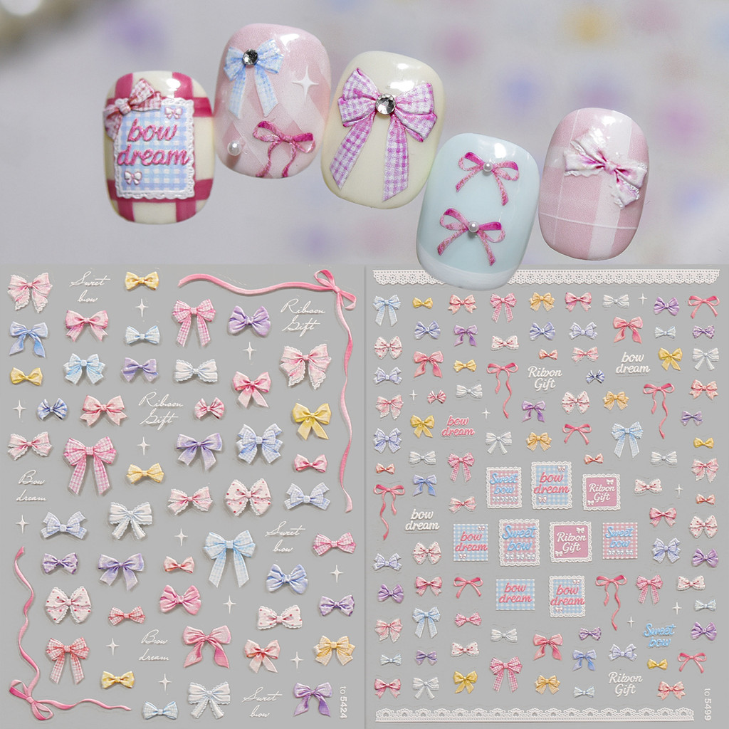 HAMA NAIL 5D นูนเล็บสติกเกอร์ขายส่ง, Y2K สไตล์ที่มีสีสัน Bow Macaron สี Schem Star Heart ตกแต่งเล็บสติกเกอร์ Decals เด็กเล็บสติกเกอร์