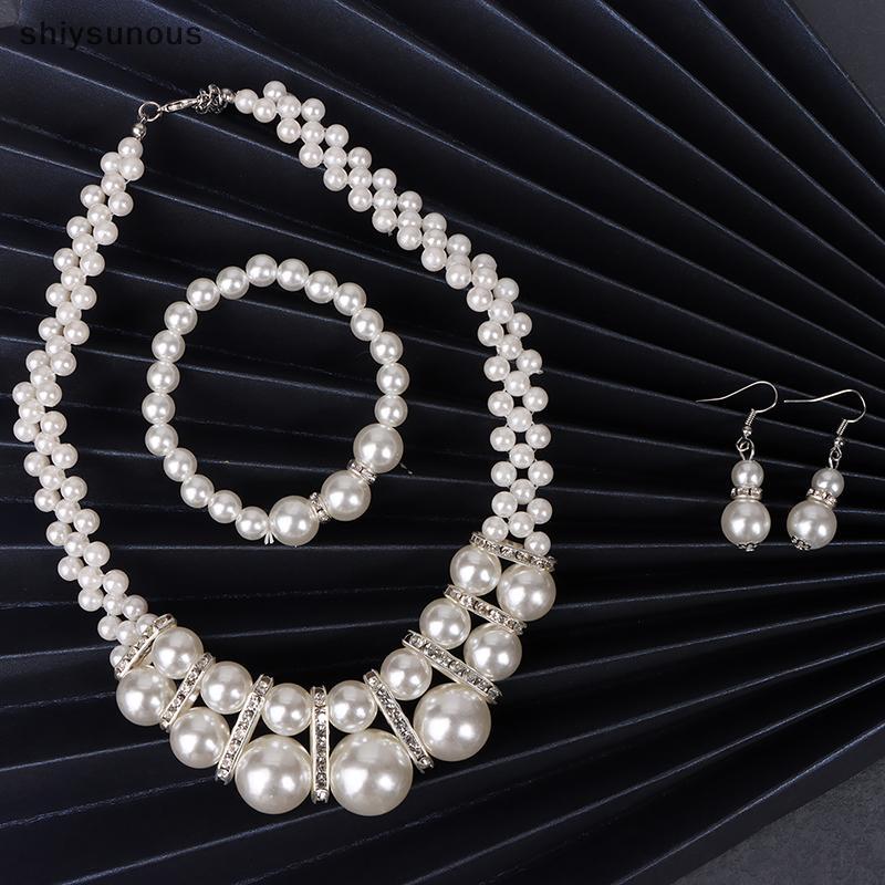 [shiysunous] ชุดเครื่องประดับแต่งงานเจ้าสาววินเทจ Rhinestone สร้อยคอมุกเทียมสร้อยข้อมือต่างหู 3 ชิ้น
