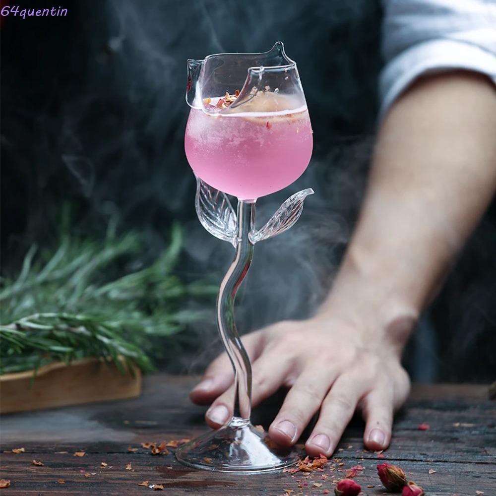 QHENTIN Rose Wine Goblet, ขอบถ้วยม้วนโปร่งใส Rose Wine Glassware 150/280ml Glassware แว่นตาถ้วยบาร์