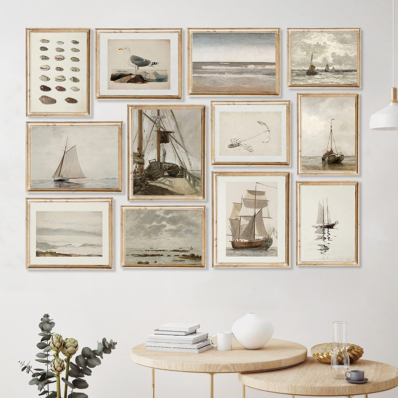 Vintage Seascape พิมพ์เรือใบโบราณภาพวาดผ้าใบโปสเตอร์ Retro Nautical Gallery ภาพติดผนัง Neutral Coastal Home Decor