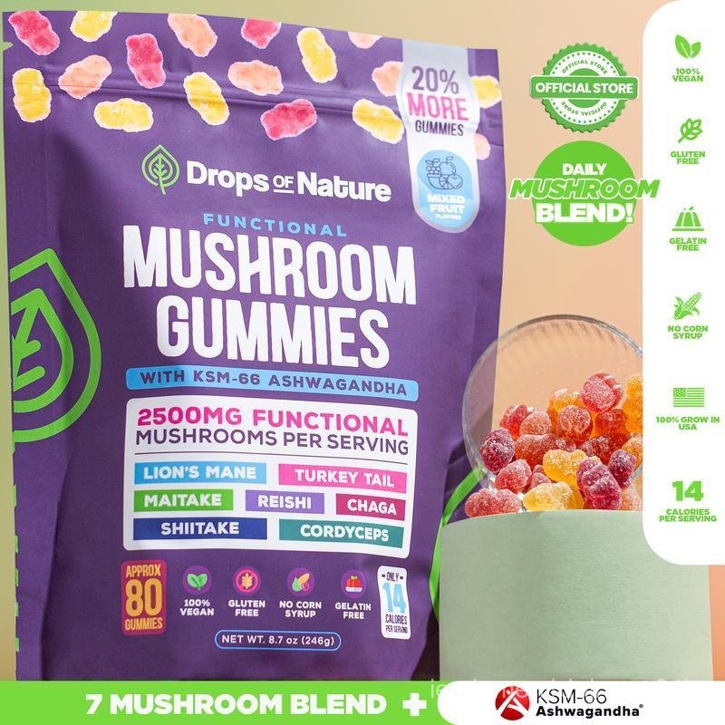 [OFFICIAL STORE] Drops Of Nature Mushroom Gummies | Ashwagandha KSM-66, Lion's Mane, Shiitake, Turke