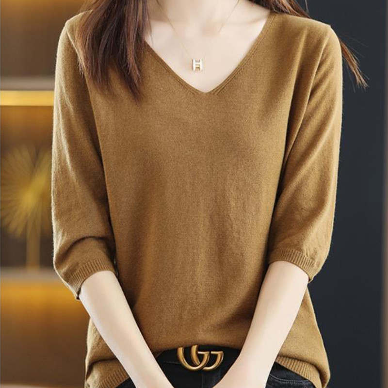 เสื้อกันหนาวถักสำหรับผู้หญิง สไตล์เกาหลี คอวี สวมสบาย