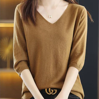 เสื้อกันหนาวถักสำหรับผู้หญิง สไตล์เกาหลี คอวี สวมสบาย