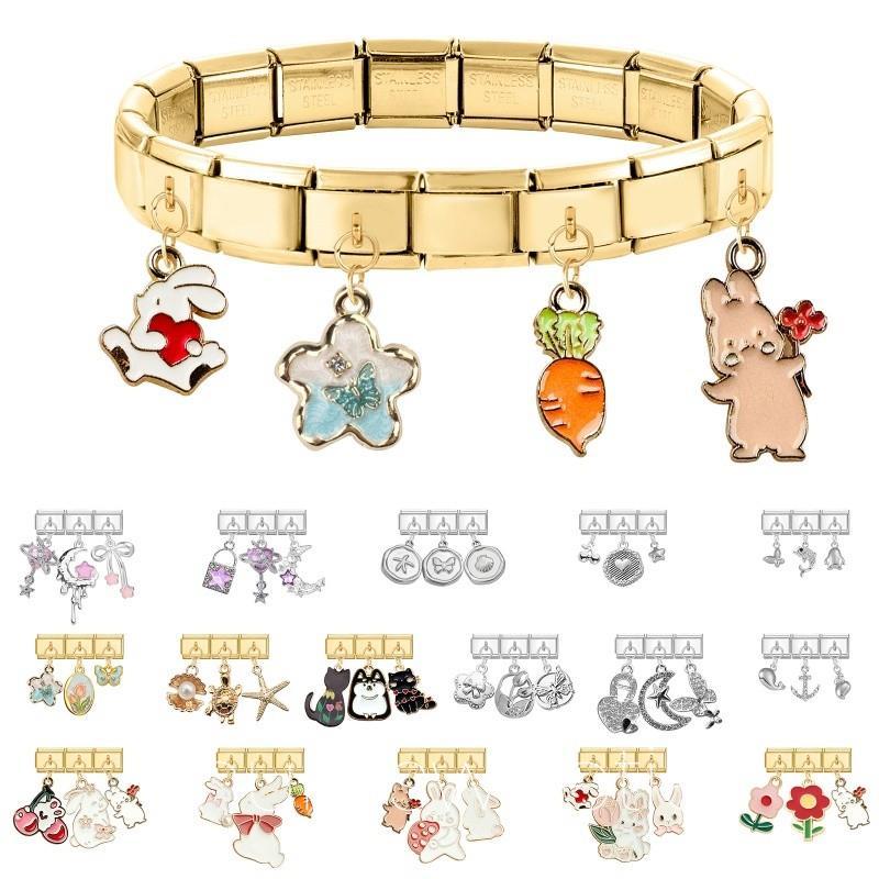 สร้อยข้อมือสแตนเลสประณีต ออกแบบเป็นกระต่ายสีชมพูกับดอกไม้โรสสไตล์อิตาเลียน เหมาะสำหรับผู้หญิง - รูปที่ 5