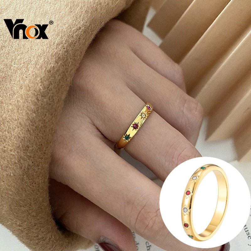 Vnox خاتم ذهب 18K مقاوم للماء بحجر سترين صناعي — صورة 2