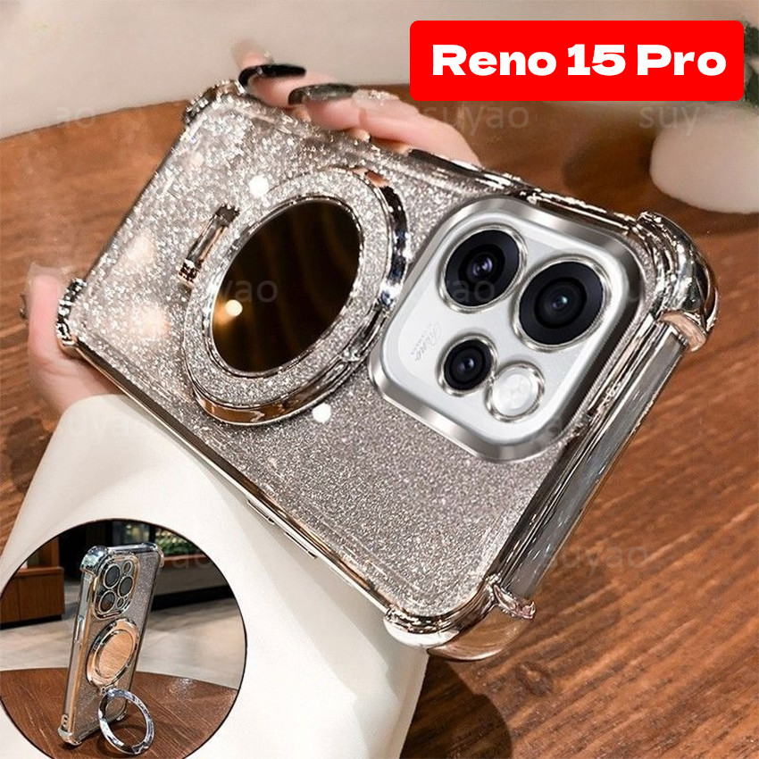 สําหรับOppo Reno 15 Pro Max 15F ProMax 2025 Luxury Bling Glitterเคสโทรศัพท์กระจกแม่เหล็กแหวนปลอกReno15Pro Reno15 TPUโปร่งใสถุงลมนิรภัยกันกระแทกนุ่มปกหลัง