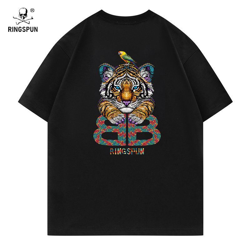 เกาหลีเกาหลี2026RINGSPUN [Sleeping Tiger] Heavyหมื่นเข็มปักStreetสวมเสื้อยืดคอกลมลําลองแขนสั้นเสื้อย