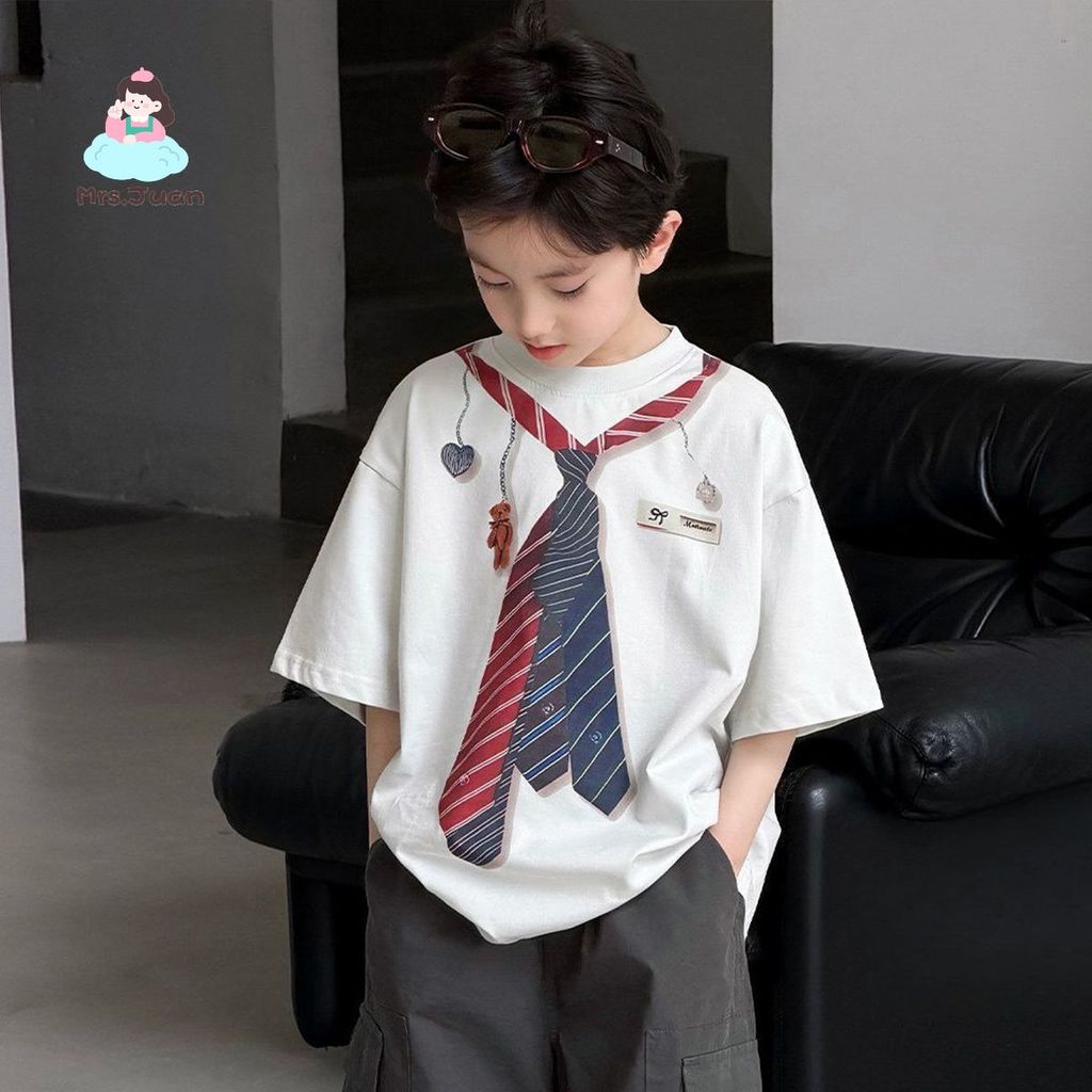 เสื้อยืดเด็กผู้ชายลายเนคไท แขนสั้น ทรงหลวม สไตล์เกาหลี ลุควินเทจ ใส่สบาย เสื้อเด็กแฟชั่นหน้าร้อน