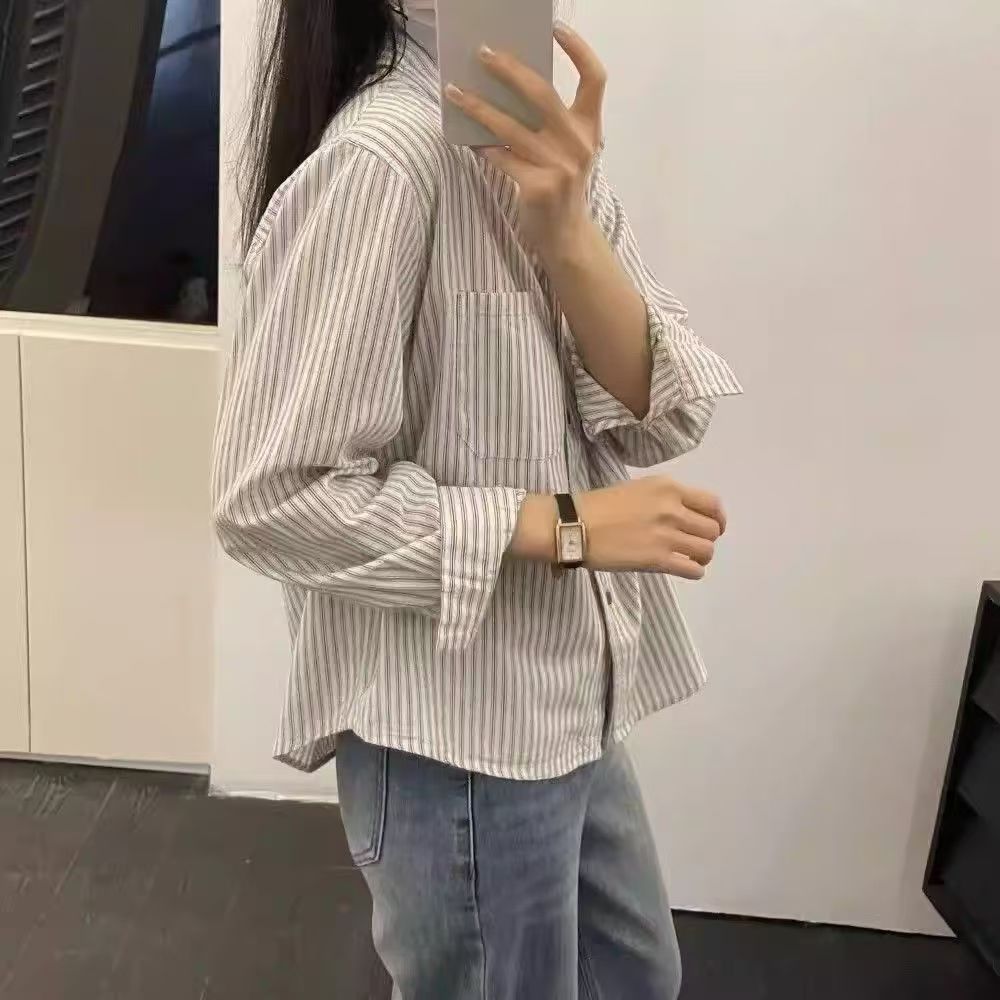 Dahong W716 เสื้อเชิ้ตแขนยาวแฟชั่น ลายทาง oversize คอปก รูปที่ 6