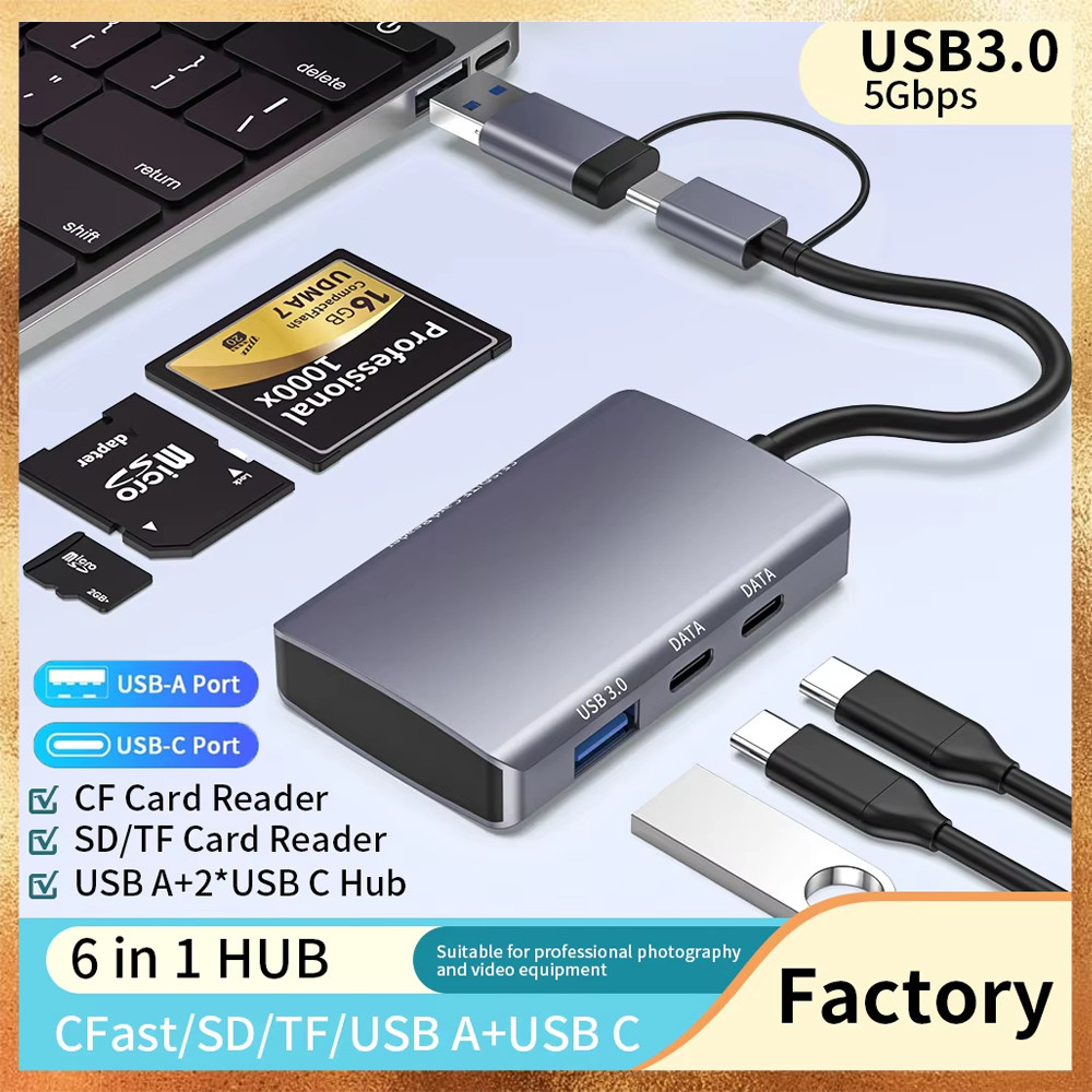 6-In-1 CF/SD TF Card Reader USB-C Hub USB 3.0 อะแดปเตอร์สําหรับคอมพิวเตอร์แล็ปท็อป Android Micro SD