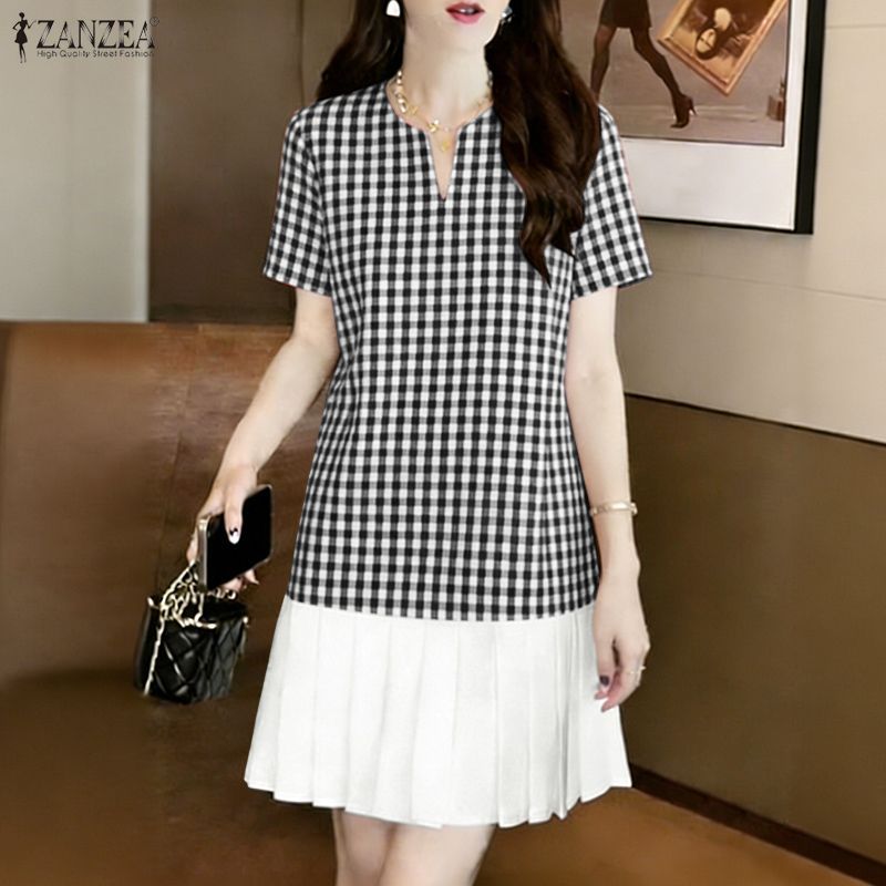 ZANZEA กระโปรง A-line สไตล์เกาหลีเรโทร chic ลายตารางเช็กเกอร์ แขนสั้น pleating splicing — صورة 4