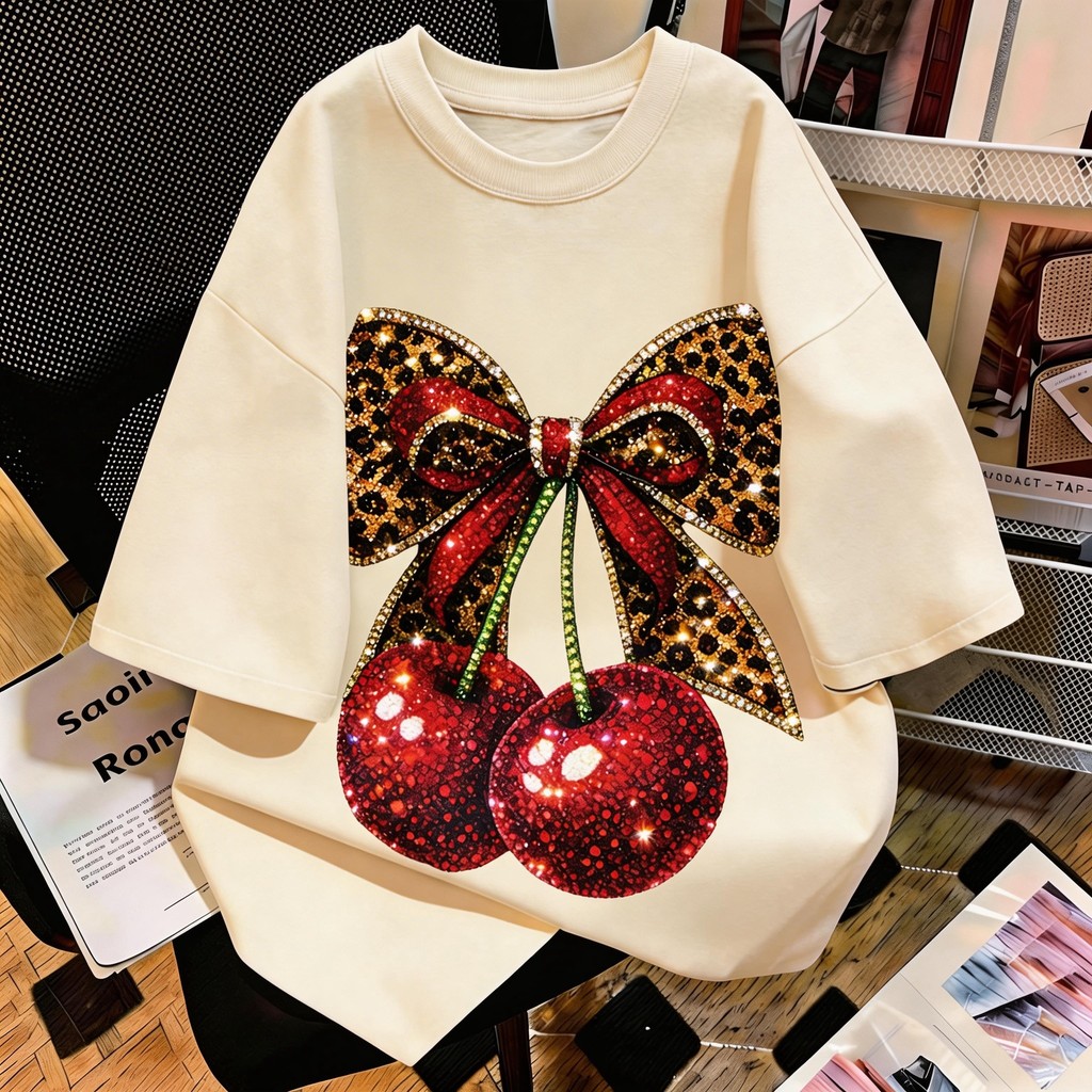 TEE·SHOP🍀 เสื้อยืด oversize เสื้อเท่ๆ เกาหลี "Cherry Bow" เสื้อแฟชั่นใ เกาหลีสไตล์ พิมพ์ลาย ผ้านิ่มใส่สบาย COD