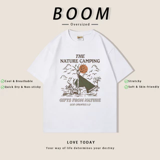 BOOM ฤดูร้อน เสื้อยืดสั้นแขนผ้ายืด สไตล์เรโทร Oversize ลาย THE NATURE CAMPING คุณภาพ ระบายอากาศดี (เงินสดปลายทาง)