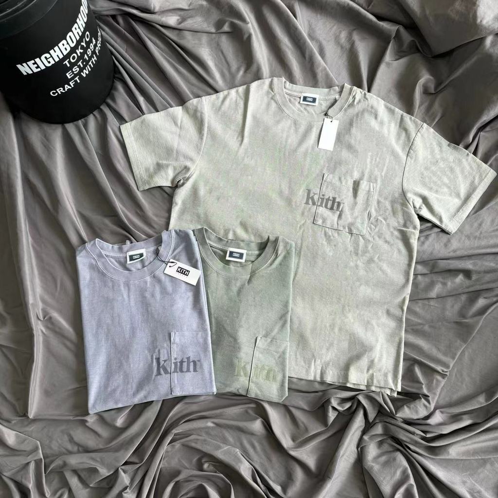 ZFDM KITH Vintage bamboo cotton flocked letter pocket short sleeve shirt T Loose-fitting shirts for 