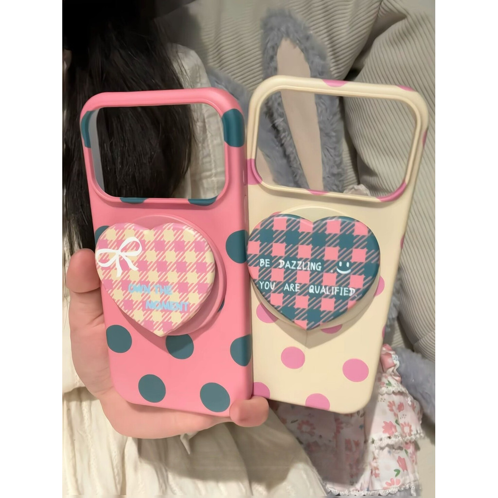 เคสแม่เหล็กน่ารักครึ่งครอบคลุมเคสแข็งสีเหลืองสีชมพูAll-over Polka Dotลายสก๊อตหัวใจฟิล์มแม่เหล็กที่ถอดออกได้สําหรับIPhone 17 Pro Max 16 Pro 15 14 Pro