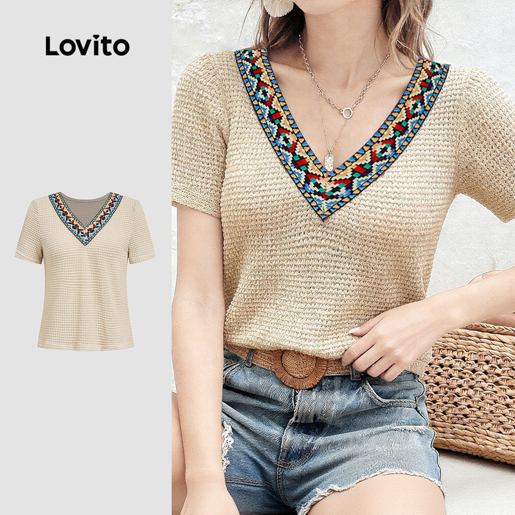Lovito تيشيرت نسائي بكشكش على الياقة — صورة 3